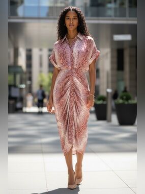 Stevie Madden Sz 4 Pink Snake Print Button-Front Draped Midi Dress